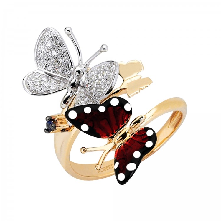 Кольцо Roberto Bravo Monarch Butterfly c эмалью сапфиром и бриллиантами