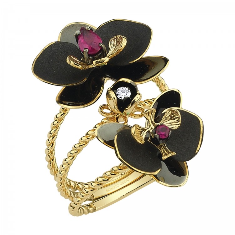 Кольцо Roberto Bravo Black Orchid с рубином сапфиром и бриллиантом